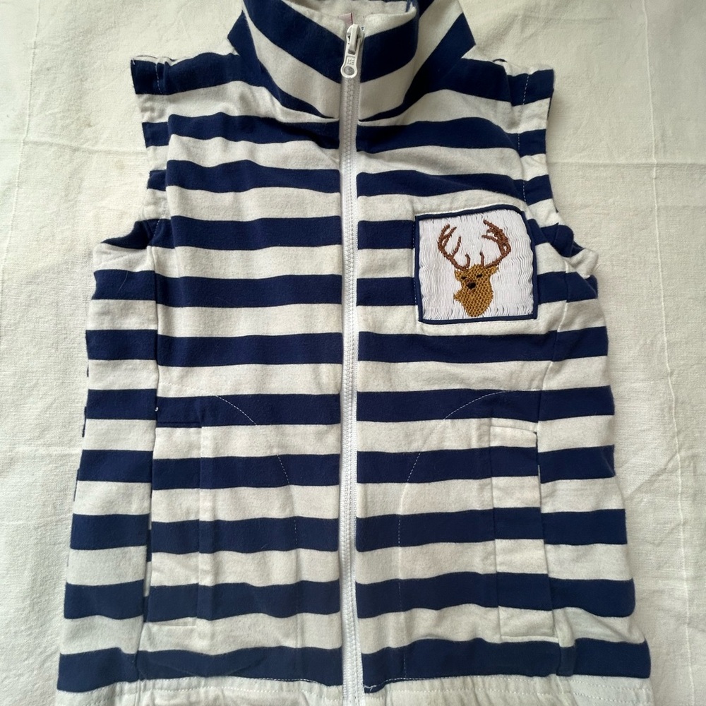 Toddler Boys smocked Striped Blue‎ and White Vest with Deer Patch